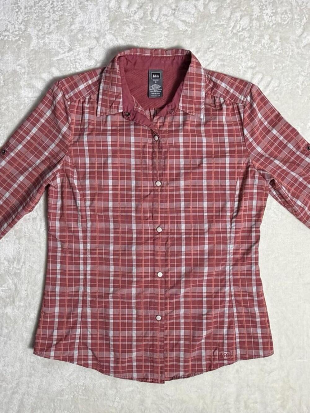 REI Co-op Womens Small Sahara Plaid Hiking Shirt Roll Tab Sleeve Technical Pink